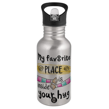 My favorite place is inside your HUG, Water bottle Silver with straw, stainless steel 500ml