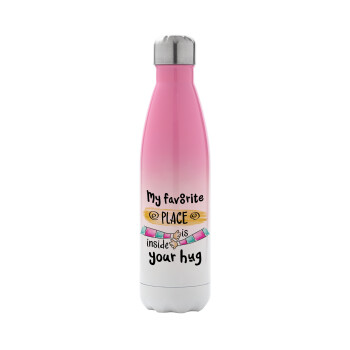 My favorite place is inside your HUG, Metal mug thermos Pink/White (Stainless steel), double wall, 500ml