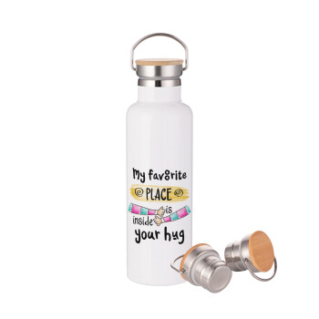 My favorite place is inside your HUG, Stainless steel White with wooden lid (bamboo), double wall, 750ml