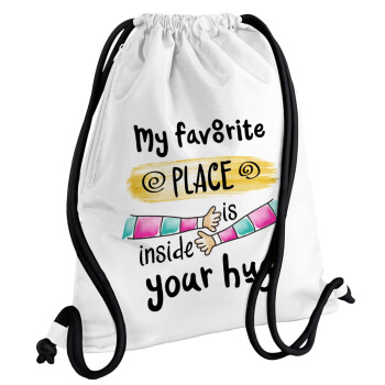 My favorite place is inside your HUG, Τσάντα πλάτης πουγκί GYMBAG λευκή, με τσέπη (40x48cm) & χονδρά κορδόνια