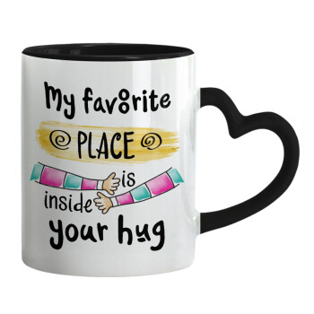 My favorite place is inside your HUG, Mug heart black handle, ceramic, 330ml