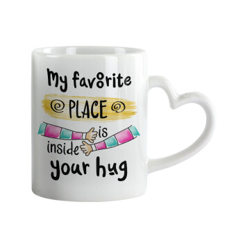 My favorite place is inside your HUG, Mug heart handle, ceramic, 330ml
