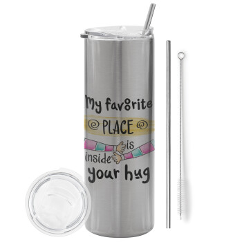 My favorite place is inside your HUG, Eco friendly stainless steel Silver tumbler 600ml, with metal straw & cleaning brush
