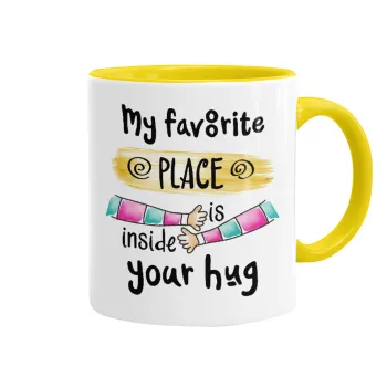 My favorite place is inside your HUG, Mug colored yellow, ceramic, 330ml