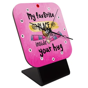 My favorite place is inside your HUG, Quartz Wooden table clock with hands (10cm)