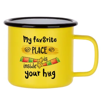 My favorite place is inside your HUG, Metallic enamel MATT Yellow cup 360ml