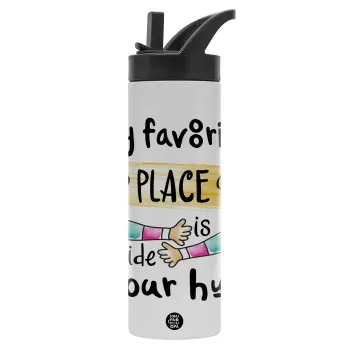 My favorite place is inside your HUG, Metallic thermos bottle with straw & handle, stainless steel (Stainless steel 304), double-walled, 600ml.