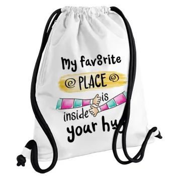 My favorite place is inside your HUG, Τσάντα πλάτης πουγκί GYMBAG λευκή, με τσέπη (40x48cm) & χονδρά κορδόνια