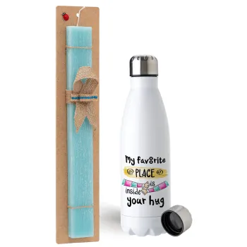 My favorite place is inside your HUG, Easter Set, metallic stainless steel water bottle (750ml) & aromatic flat Easter candle (30cm) (TURQUOISE)