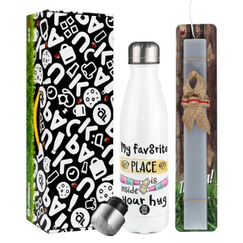My favorite place is inside your HUG, Easter candle, metallic white thermos bottle (500ml) & aromatic flat candle (30cm) (GRAY)