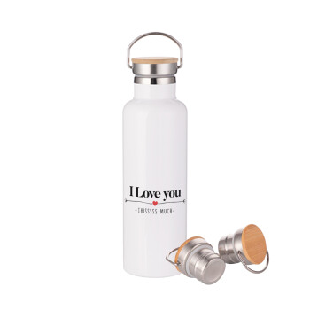 I Love you thisssss much, Stainless steel White with wooden lid (bamboo), double wall, 750ml
