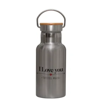 I Love you thisssss much, Stainless steel metallic thermos flask, silver with a bamboo lid, double-walled, 350ml.