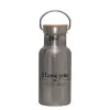 Stainless steel metallic thermos flask, silver with a bamboo lid, double-walled, 350ml.