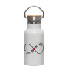 Metallic thermos (Stainless steel) White with wooden lid (bamboo), double-walled, 350ml