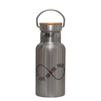 I Love you thisssss much (infinity), Stainless steel metallic thermos flask, silver with a bamboo lid, double-walled, 350ml.