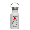 Metallic thermos (Stainless steel) White with wooden lid (bamboo), double-walled, 350ml