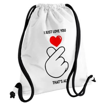 I just love you, that's all., Backpack pouch GYMBAG white, with pocket (40x48cm) & thick cords