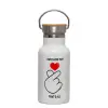Metallic thermos (Stainless steel) White with wooden lid (bamboo), double-walled, 350ml
