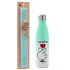 Easter Set, Metallic green/white thermos (Stainless steel), double-walled, 500ml & scented flat Easter candle (30cm) (TURQUOISE)