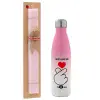 Easter Set, Metallic pink/white (Stainless steel) thermos, double-walled, 500ml & aromatic flat Easter candle (30cm) (PINK)
