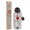 Easter Set, metallic silver aluminum water bottle (500ml) & aromatic flat Easter candle (30cm) (GRAY)