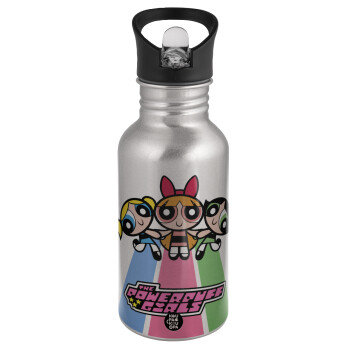 The powerpuff girls , Water bottle Silver with straw, stainless steel 500ml
