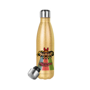 The powerpuff girls , Glitter gold stainless steel thermos bottle, double-walled, 500ml