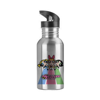 The powerpuff girls , Water bottle Silver with straw, stainless steel 600ml