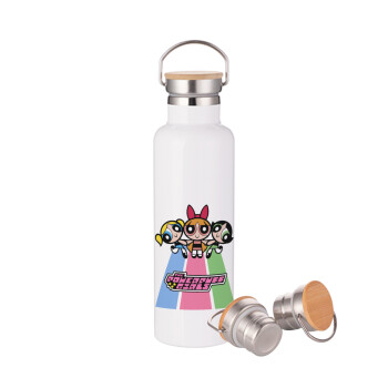 The powerpuff girls , Μεταλλικό παγούρι θερμός (Stainless steel) Λευκό με ξύλινο καπάκι (bamboo), διπλού τοιχώματος, 750ml