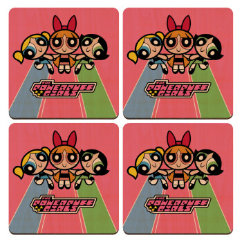 The powerpuff girls , ΣΕΤ x4 Σουβέρ ξύλινα τετράγωνα plywood (9cm)