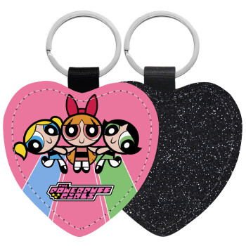 The powerpuff girls , Μπρελόκ PU δερμάτινο glitter καρδιά ΜΑΥΡΟ
