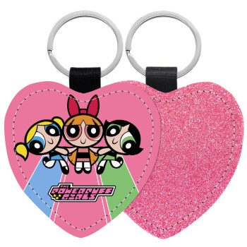 The powerpuff girls , Μπρελόκ PU δερμάτινο glitter καρδιά ΡΟΖ