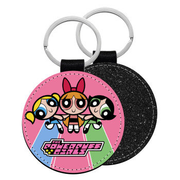 The powerpuff girls , Μπρελόκ Δερματίνη, στρογγυλό ΜΑΥΡΟ (5cm)