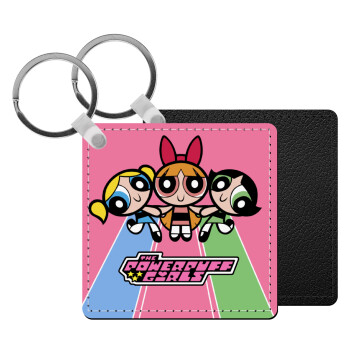 The powerpuff girls , Μπρελόκ Δερματίνη, τετράγωνο ΜΑΥΡΟ (5x5cm)