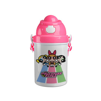 The powerpuff girls , Ροζ παιδικό παγούρι πλαστικό (BPA-FREE) με καπάκι ασφαλείας, κορδόνι και καλαμάκι, 400ml