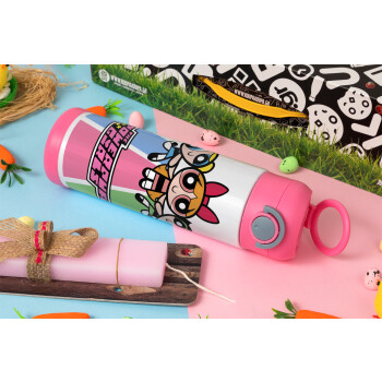 The powerpuff girls , Πασχαλινή Λαμπάδα με Παιδικό παγούρι θερμό, ανοξείδωτο, με καλαμάκι ασφαλείας, ΡΟΖ (500ml)