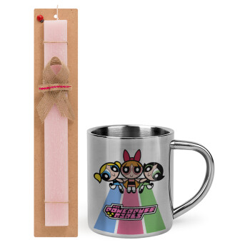 The powerpuff girls , Easter Set, metallic thermal cup (300ml) & aromatic flat Easter candle (30cm) (PINK)