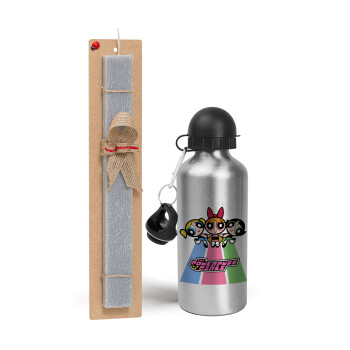 The powerpuff girls , Easter Set, metallic silver aluminum water bottle (500ml) & aromatic flat Easter candle (30cm) (GRAY)