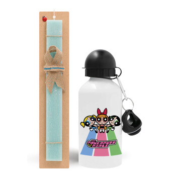 The powerpuff girls , Easter Set, metallic aluminum water bottle (500ml) & scented flat candle (30cm) (TURQUOISE)