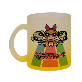 The powerpuff girls , Κούπα γυάλινη δίχρωμη με βάση το κίτρινο ματ, 330ml