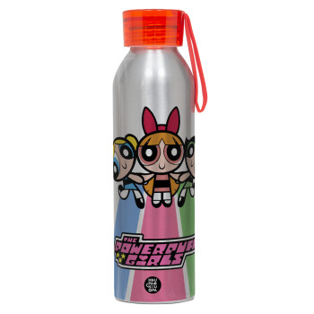 The powerpuff girls , Αλουμινένιο Αθλητικό Μπουκάλι 650ml – Ασημί με Κόκκινο Καπάκι και Λουράκι Σιλικόνης