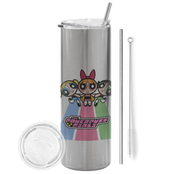 The powerpuff girls , Eco friendly stainless steel Silver tumbler 600ml, with metal straw & cleaning brush