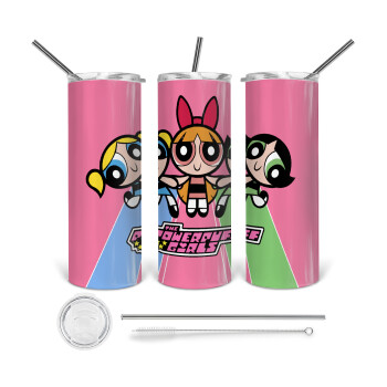 The powerpuff girls , Tumbler ποτήρι θερμό από ανοξείδωτο ατσάλι 600ml, με μεταλλικό καλαμάκι & βούρτσα καθαρισμού