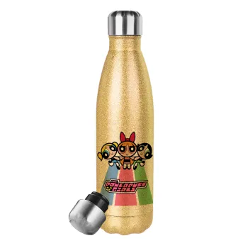 The powerpuff girls , Glitter gold stainless steel thermos bottle, double-walled, 500ml