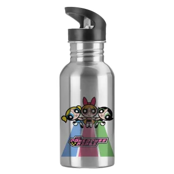 The powerpuff girls , Water bottle Silver with straw, stainless steel 600ml