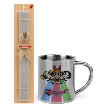 The powerpuff girls , Πασχαλινή Λαμπάδα με μεταλλική κούπα θερμό (300ml) & κερί αρωματικό πλακέ (30cm) (ΓΚΡΙ)