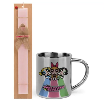 The powerpuff girls , Easter Set, metallic thermal cup (300ml) & aromatic flat Easter candle (30cm) (PINK)