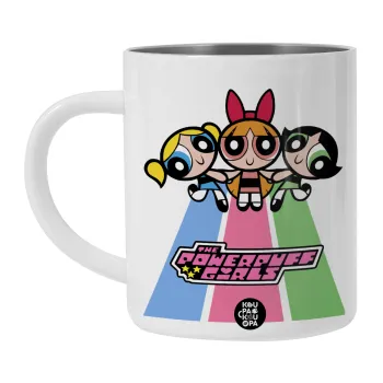 The powerpuff girls , Λευκή Ανοξείδωτη Μεταλλική Κούπα 450ml - Διπλού Τοιχώματος 