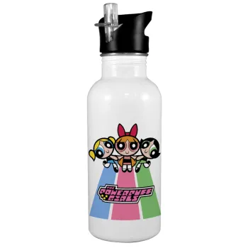 The powerpuff girls , Παγούρι νερού Λευκό με καλαμάκι, ανοξείδωτο ατσάλι 600ml