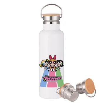 The powerpuff girls , Stainless steel White with wooden lid (bamboo), double wall, 750ml